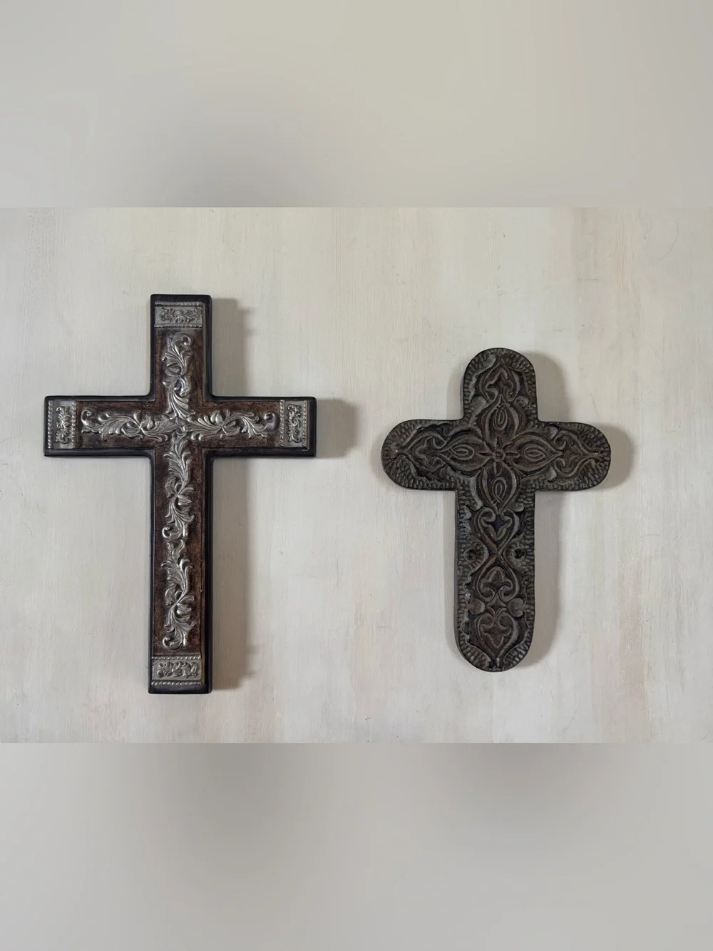 Ornate Brown and Silver Decorative Wall Cross and bronze colored ceramic cross